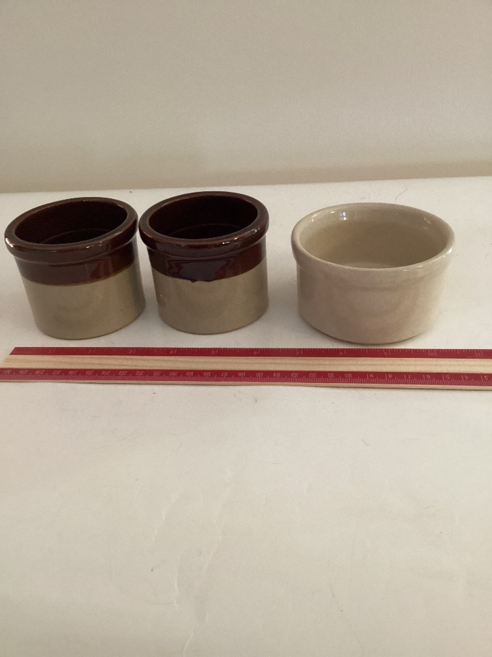 Set of 3 mini crocks.  Roseville Pottery and Brown ware